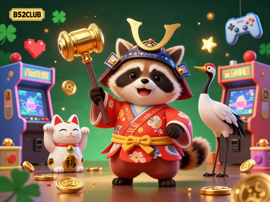 B52CLUB brings luck with a vibrant tanuki, samurai crane, and waving fortune cats in a bustling arcade scene.