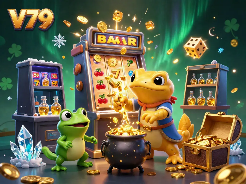 Experience the excitement of V79 with a golden salamander alchemist amidst 3D casino elements and vivid illustrations.