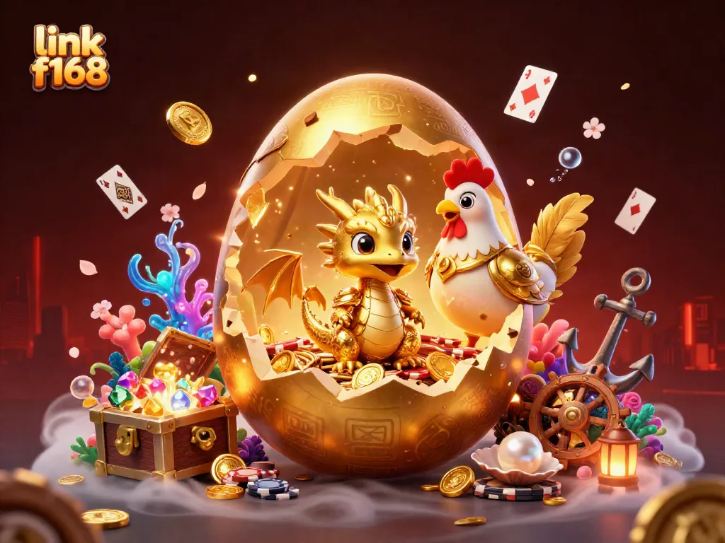 Join the excitement at link f168 with a golden dragon guarding poker chips amid a casino-inspired scene.