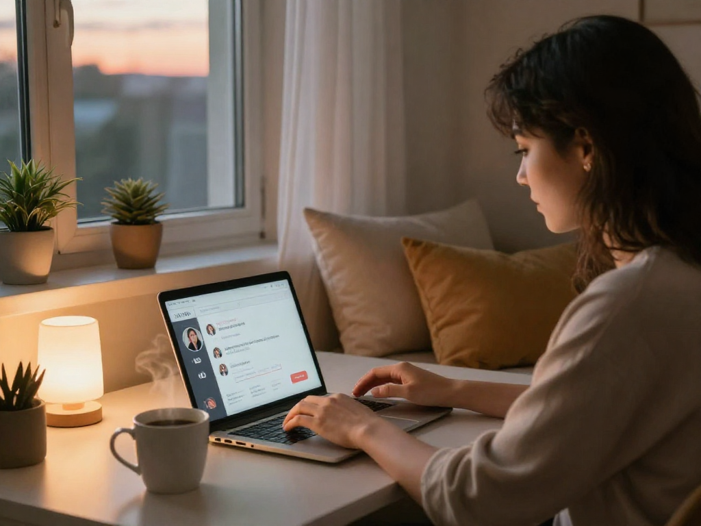 Engaging in ai sex chat on a laptop in a cozy home setting.