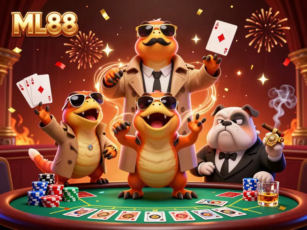 Raptors disguised as a person entering a VIP casino lounge at ML88 with poker elements and vibrant effects.