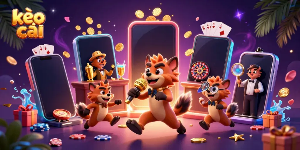 Experience the excitement of kèo nhà cái with a lively hyena casino scene, showcasing vibrant games and characters.