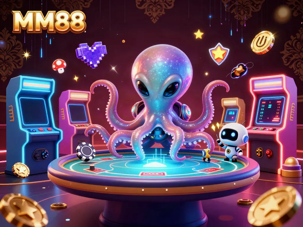 Experience exciting MM88 gameplay with a vibrant scene featuring an alien octopus, poker table, and dynamic game elements.