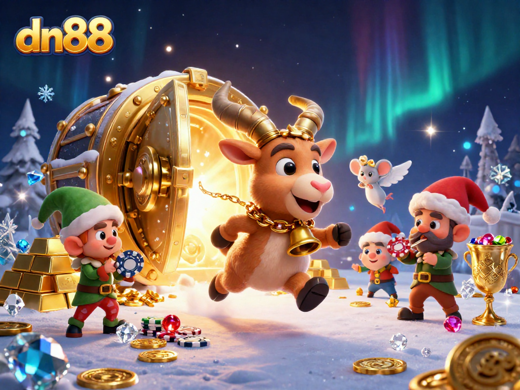 Experience thrilling gaming action at dn88 casino with adventurous characters amidst treasures and vibrant graphics.