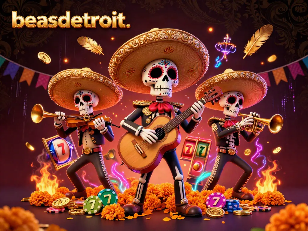 Join the lively gaming action with beasdetroit as colorful skull mariachi skeletons celebrate in a vibrant casino environment.