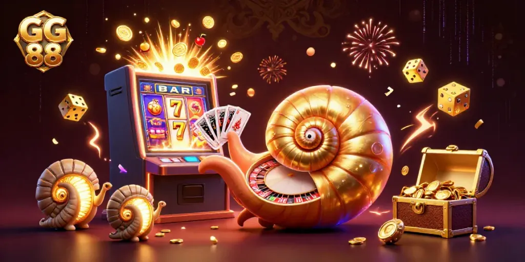 Engage with GG 88's thrilling casino experience featuring a vibrant slot machine and card games.