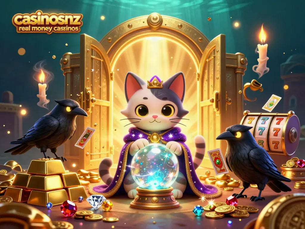 Experience casinosnz real money casinos with a vibrant scene of a fortune teller cat and tarot raven.