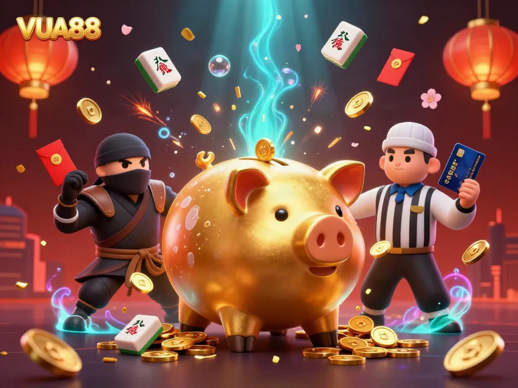 Engage with VUA88 as a sumo wrestler piggy bank unleashes coins in a vibrant casino scene
