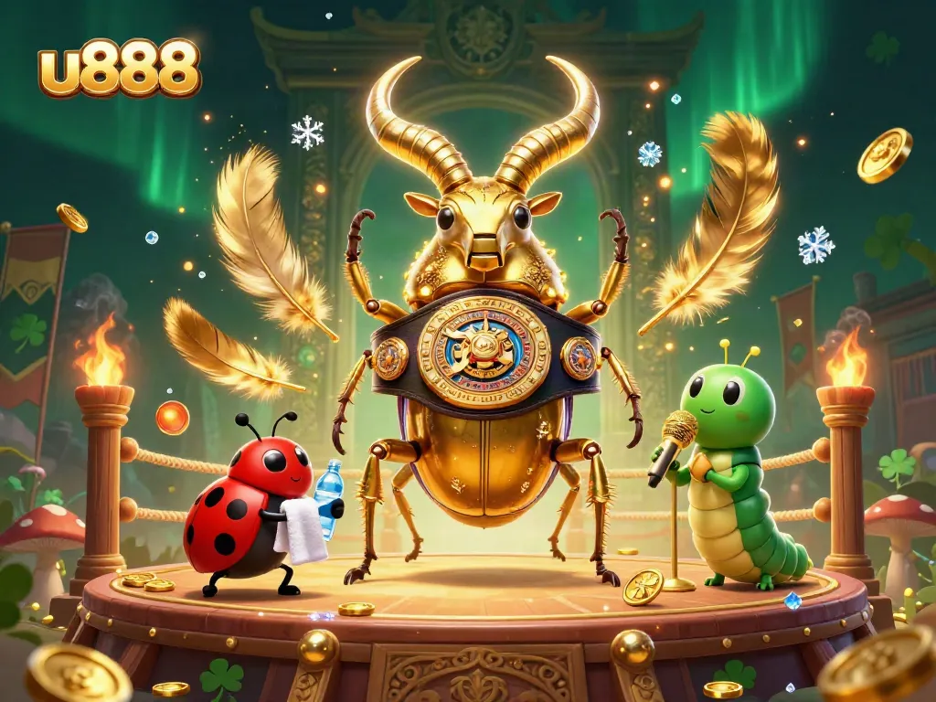 Engage with the thrilling world of u888 as a golden stag beetle fights for victory in a vibrant casino scene.