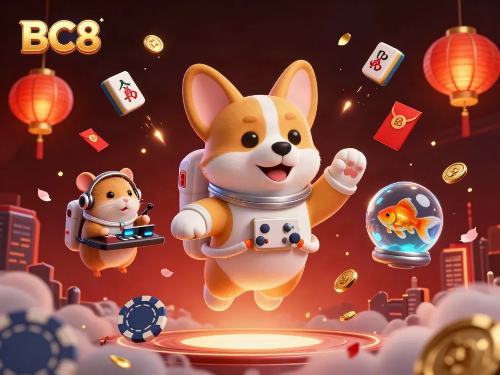 Engage with BC8's galactic gambling experience featuring a floating astronaut corgi and immersive casino elements.