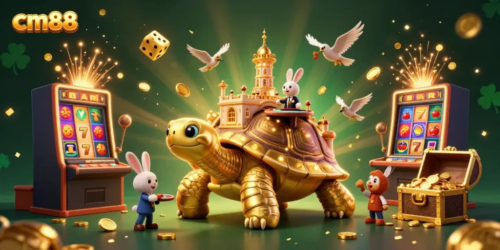 Experience the thrill of cm88 casino games with a vibrant 3D scene featuring a golden tortoise, dealer, and jackpot elements.