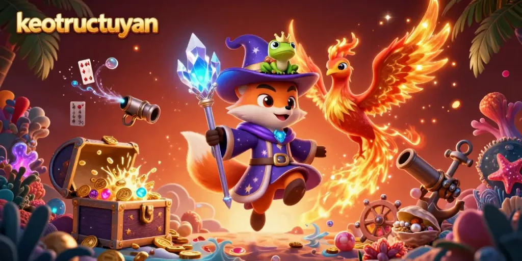 Experience keotructuyen with a magical fox, phoenix, and treasures in a vibrant casino-themed scene.