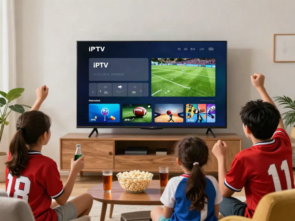 Miglior IPTV subscription showcased on smart TV with family enjoying live sports.