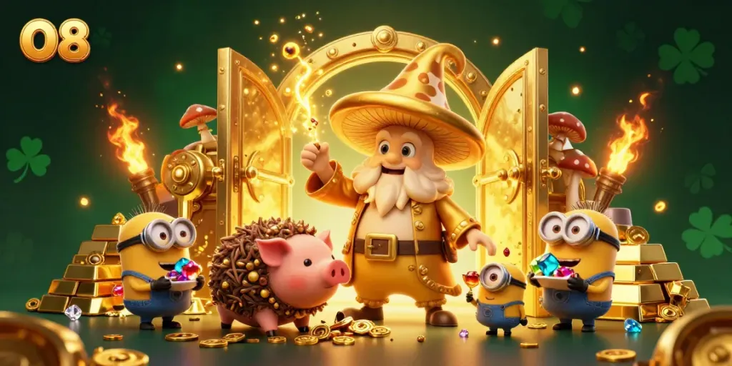 Experience thrilling gold magic with O8 in an energetic casino adventure featuring a wizard and treasure.