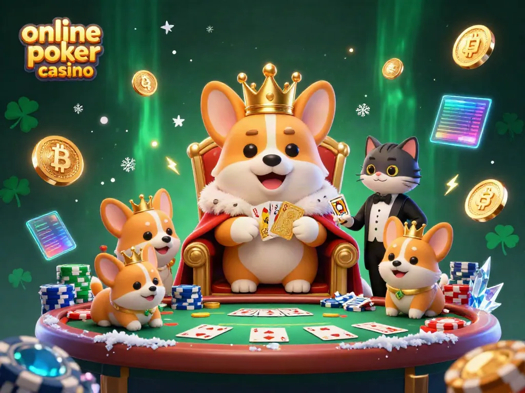 Experience the vibrant world of online poker casino with a royal corgi and cat butler amidst poker chips.