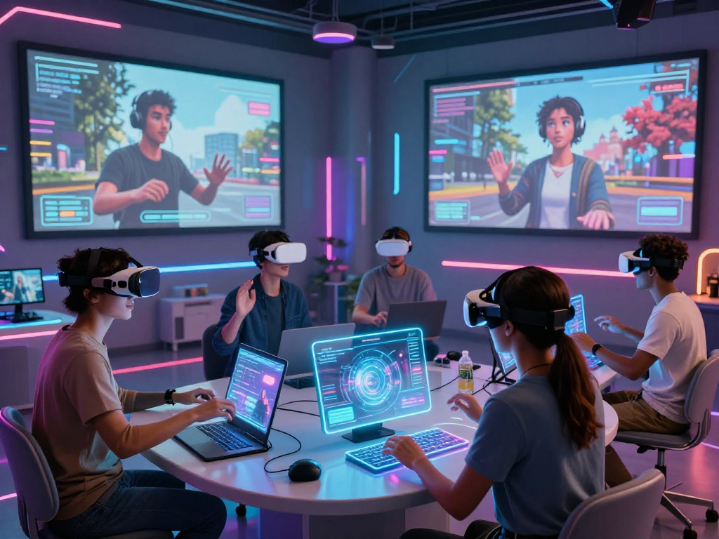 Participants engaging in AI roleplay surrounded by futuristic technology and immersive virtual environments.