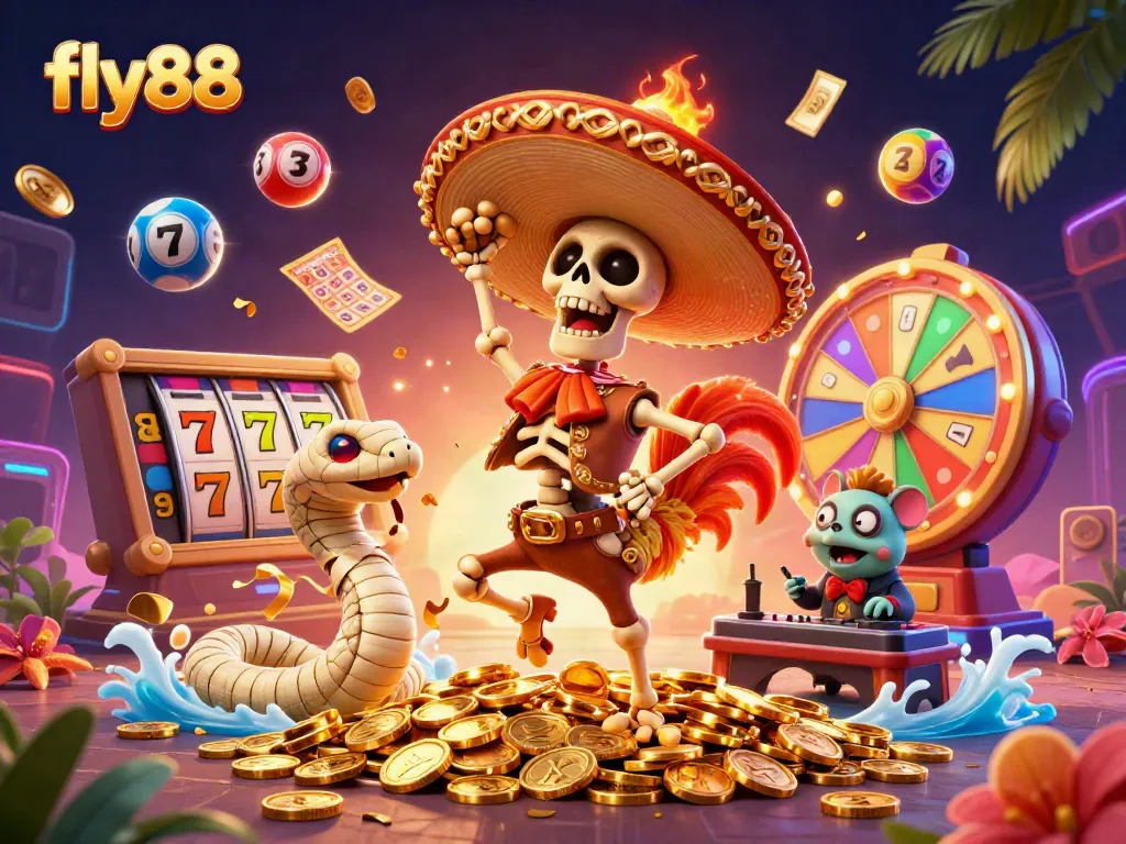 Celebrate winnings with fly88's lively casino scene featuring vibrant characters and colorful game elements.