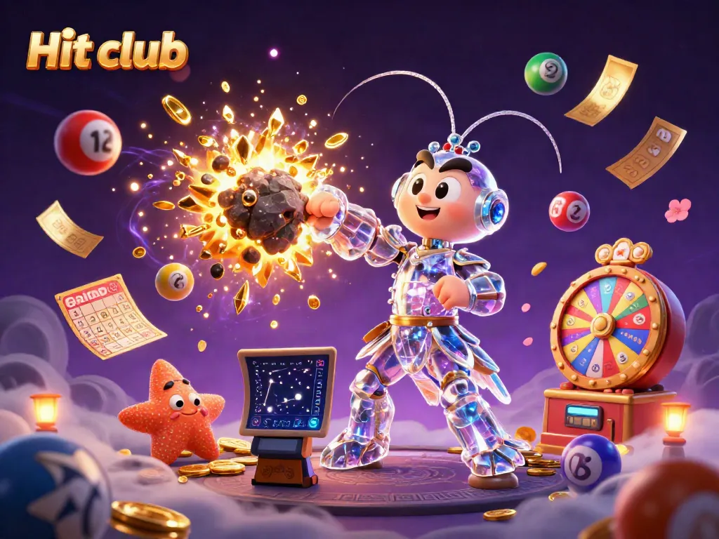 Experience the thrill of gaming at Hit club with vibrant 3D animated elements and casino symbols.