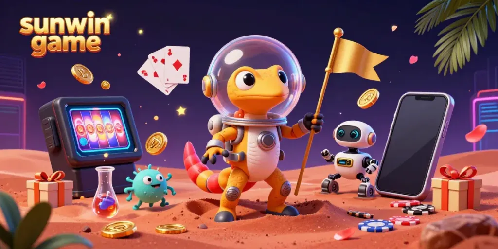 Engage with the sunwin game as a vibrant Martian gecko and sidekick explore a golden casino, surrounded by dynamic gambling elements.