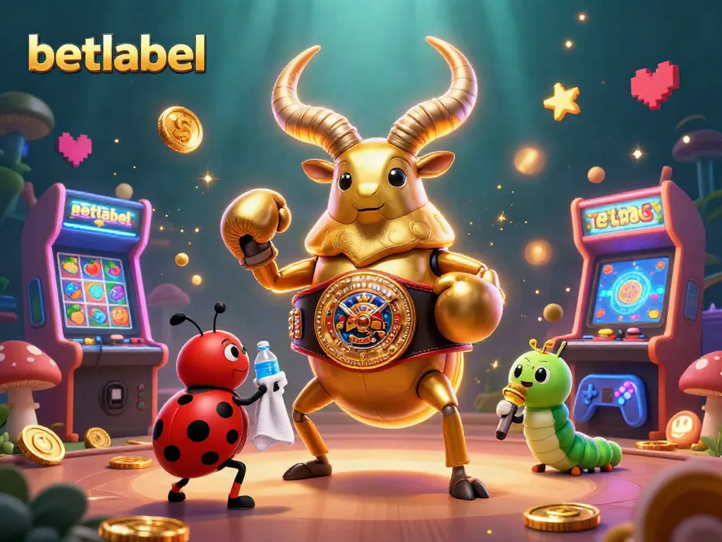 Betlabel casino showcases a vibrant 3D scene featuring a golden stag beetle and gaming elements, immersing players in action.