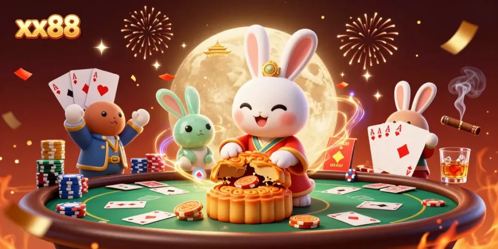 Engage in thrilling gaming at xx88 with a vibrant 3D scene showcasing a moon rabbit and poker elements.