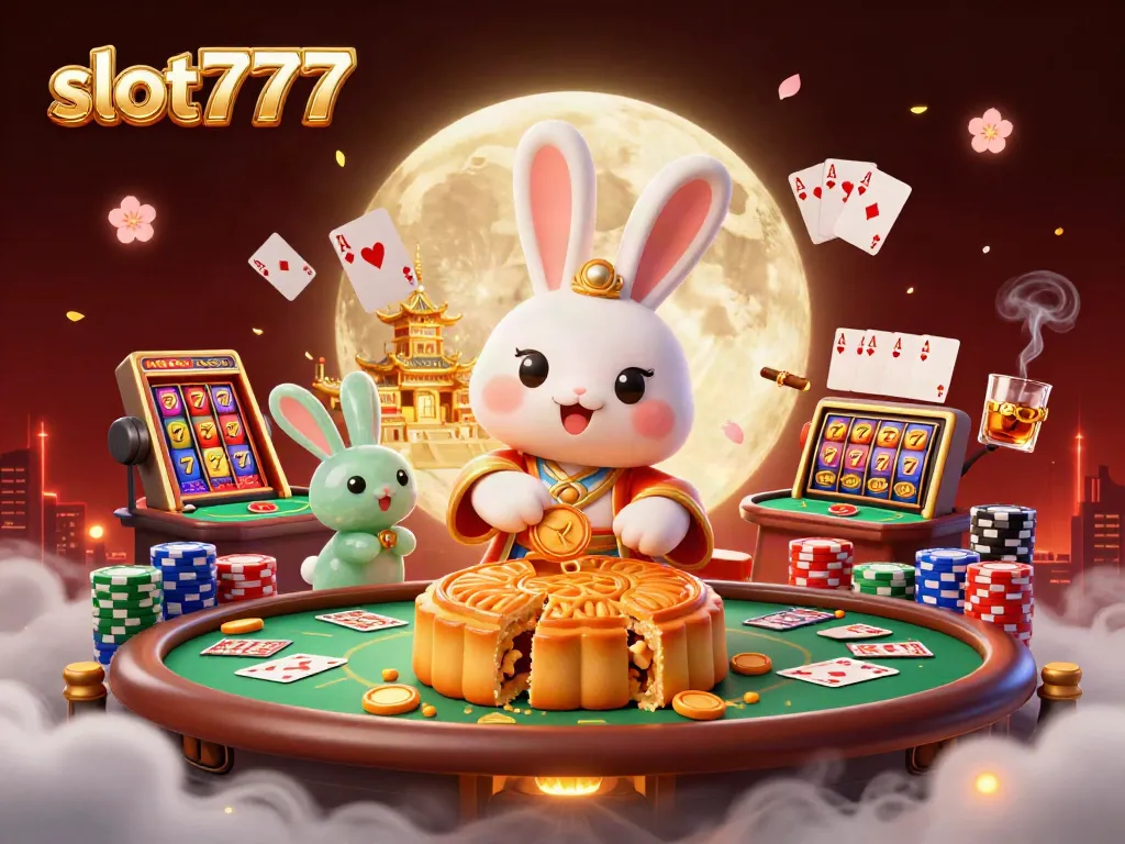 Experience the thrill of slot777 with a vibrant moon rabbit scene filled with poker chips.
