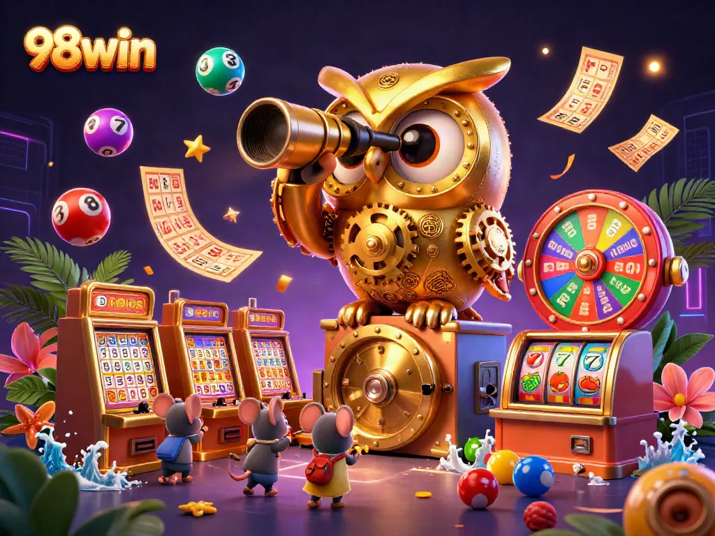 Engage with vibrant action at 98win casino featuring a golden owl, dynamic lottery balls, and enticing slot machines.