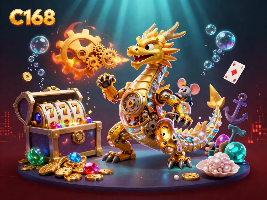 C168 casino scene showcasing a golden dragon and vibrant slot game atmosphere filled with coins and gems.