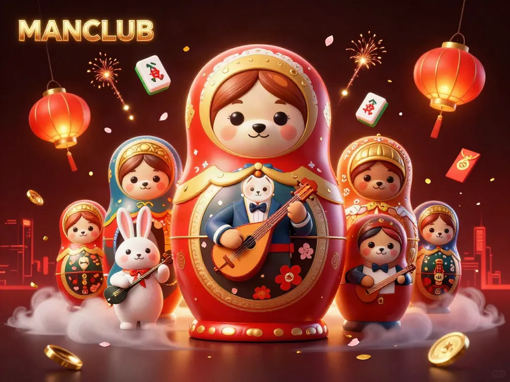 Engaging MANCLUB illustration of casino-themed Matryoshka bear and festive elements.