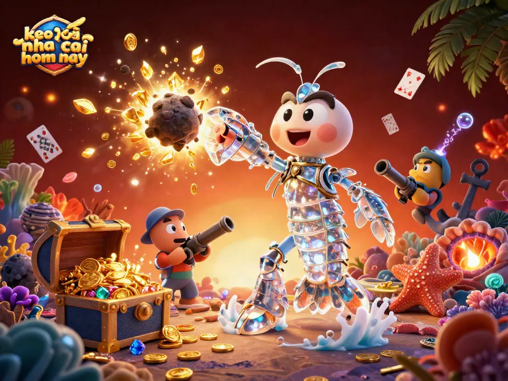 Engaging artwork of keo nha cai hom nay with vibrant samurai mantis shrimp and treasure explosion depicting excitement.