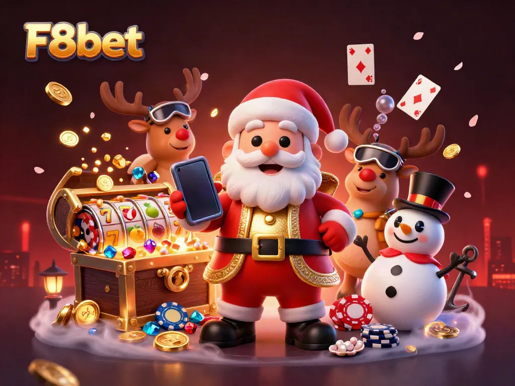 Join F8bet's casino fun with Santa and friends celebrating jackpots and gaming excitement.