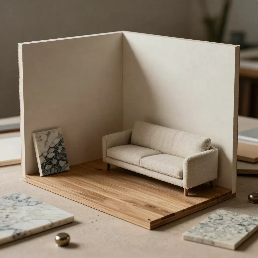 Maquette di interni con mini divano, rovere e campioni materiali in luce dura.