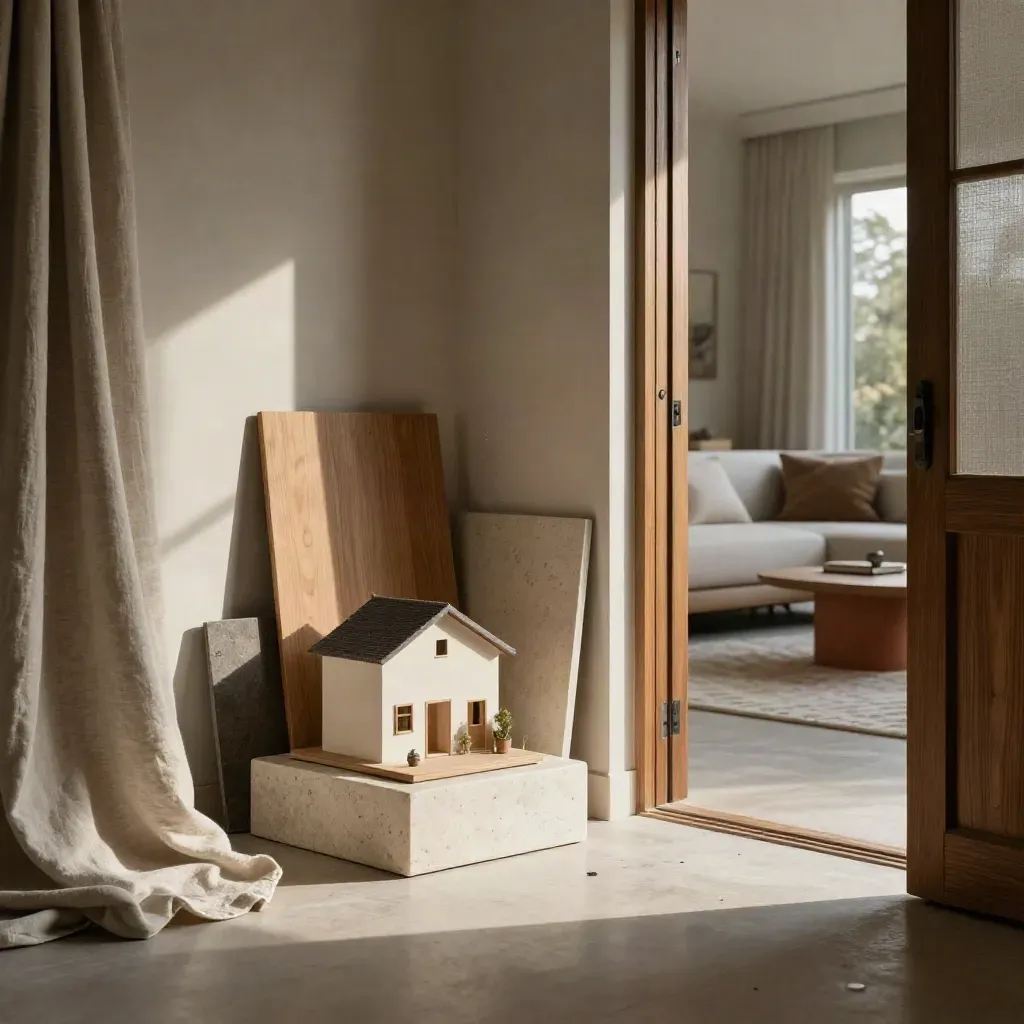 Interno elegante con campioni di legno, intonaci, lino e salotto finito in luce radente.
