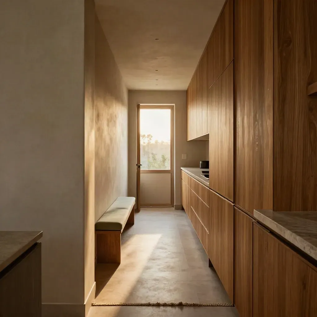 Ingresso-cucina con armadi a vista, passaggio libero e luce calda del pomeriggio.