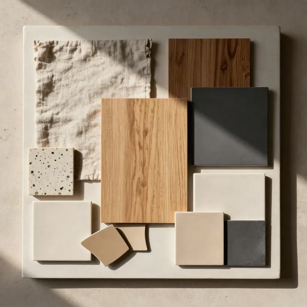 Flat lay dall’alto di materiali per mood board: lino, travertino, legno, ceramica e campioni colore.