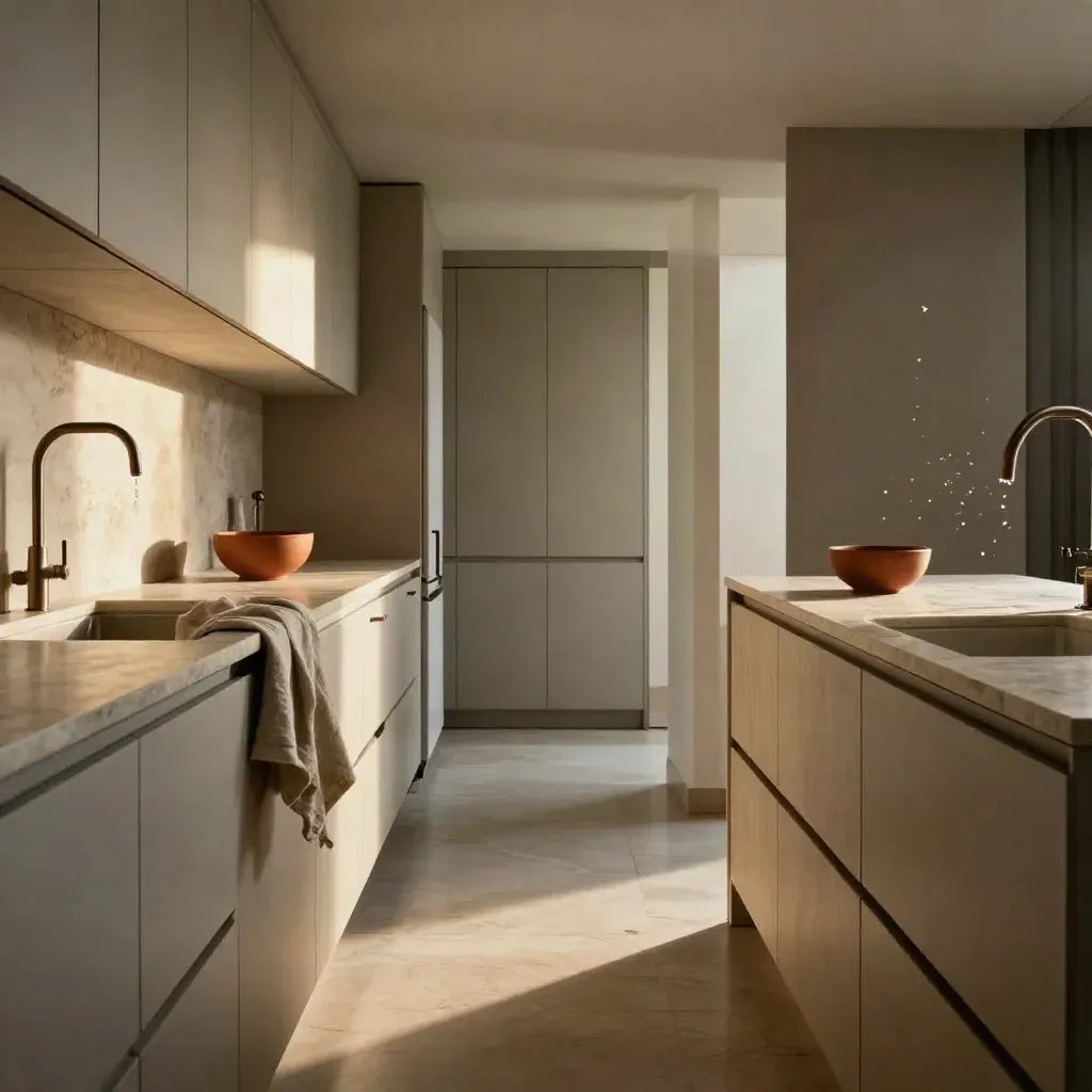Cucina stretta rinnovata con acqua in movimento, pietra chiara e accento terracotta.