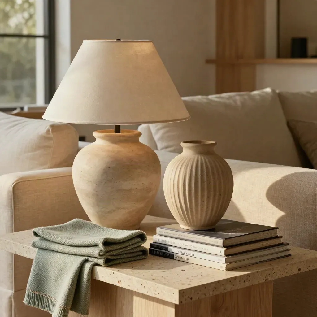 Vignetta living con lampada scultorea, vaso in ceramica, plaid salvia e libri ordinati.