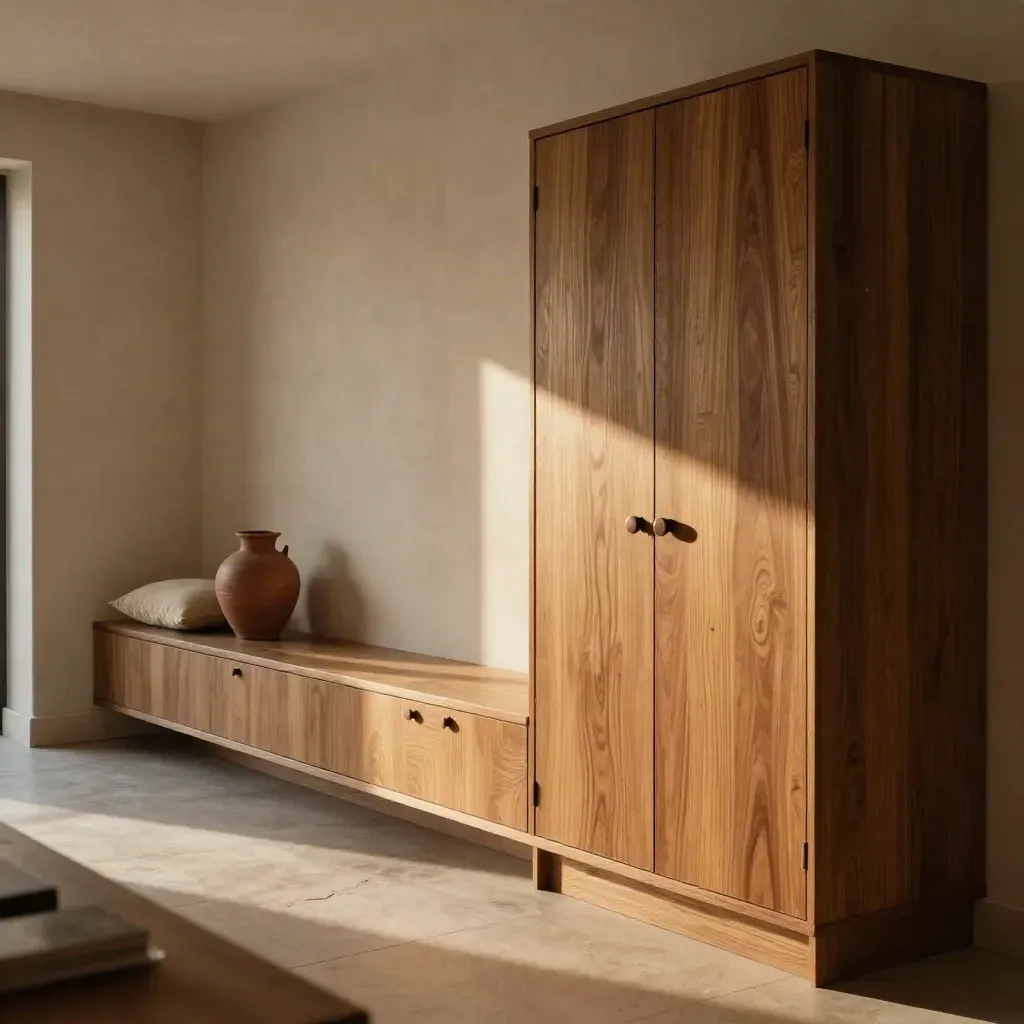Nicchia su misura in rovere con panca sospesa e vaso terracotta, luce drammatica.
