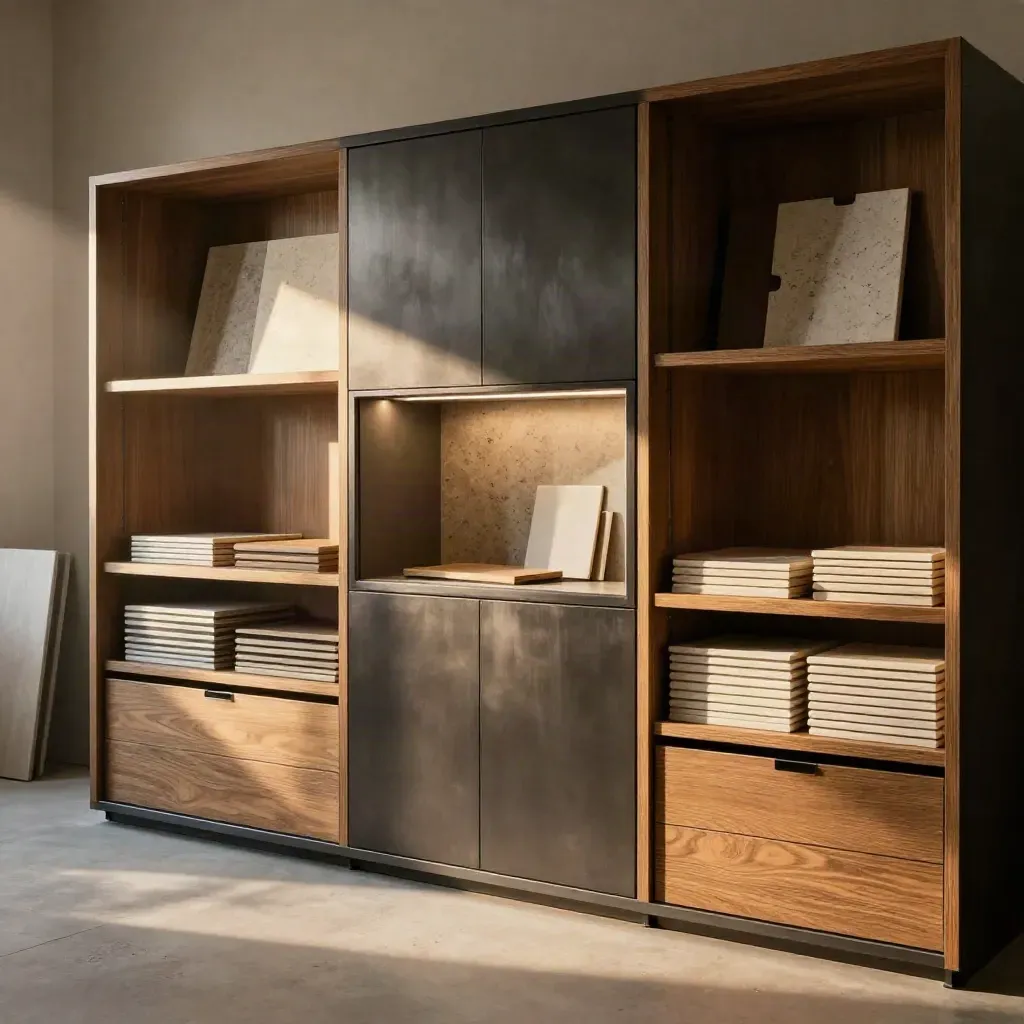 Showroom compatto con nicchie campione e modulo espositivo centrale illuminato di taglio.