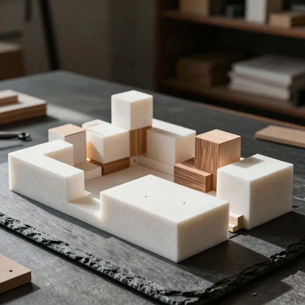 Modelli architettonici in foam su ardesia, luce drammatica e ombre profonde