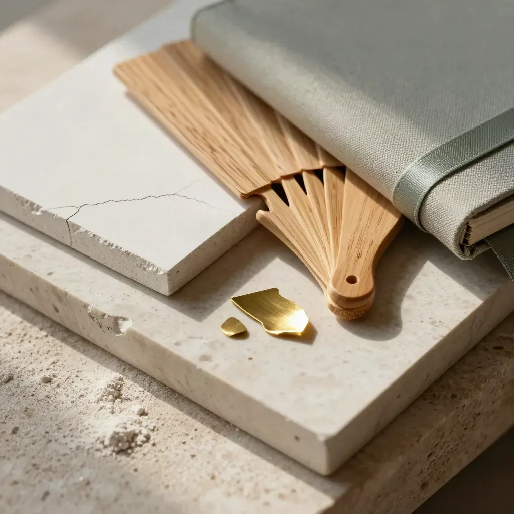 Campioni di intonaco, rovere e ottone su travertino con atlante materiali chiuso.