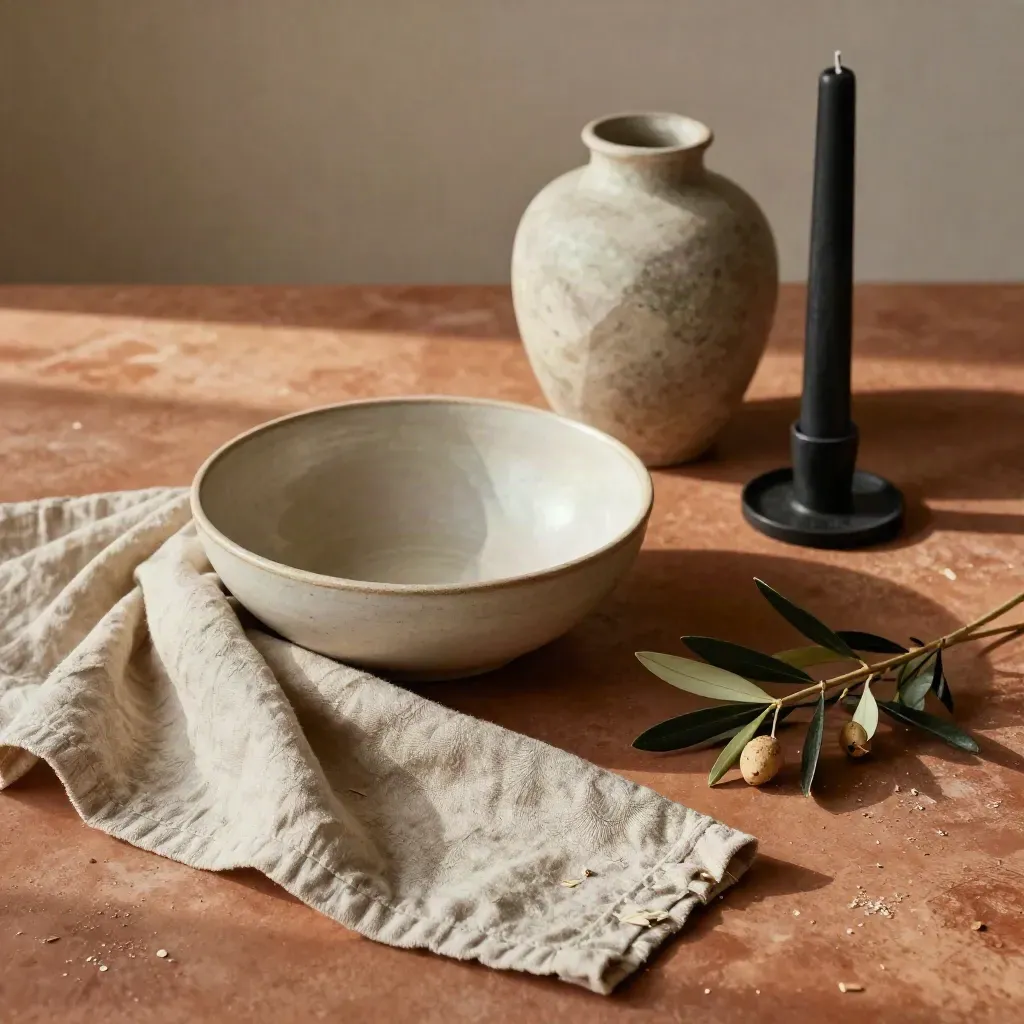 Still life di styling: bowl in ceramica, lino, vaso e candeliere su piano terracotta.