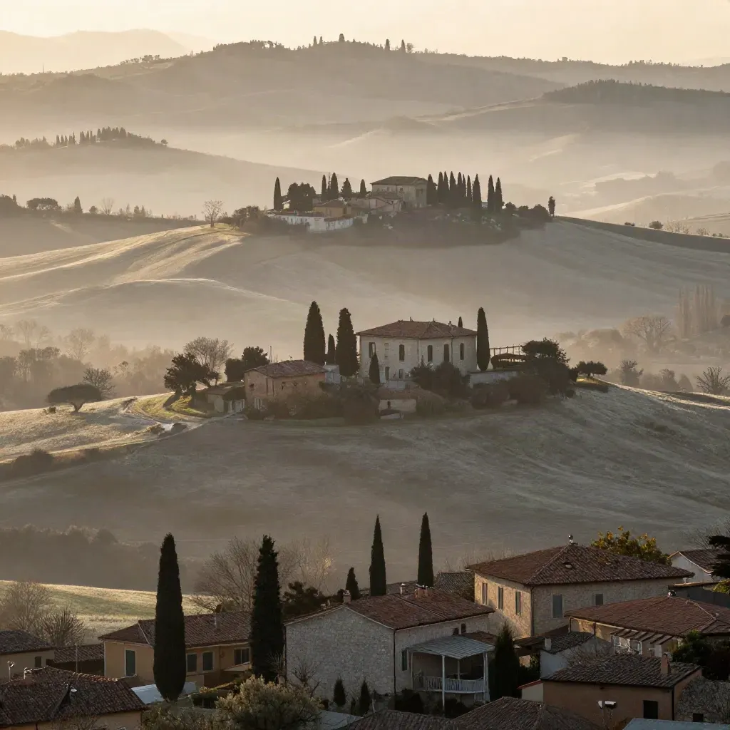Colli della Brianza all’alba con ville, cipressi e nebbia dorata.