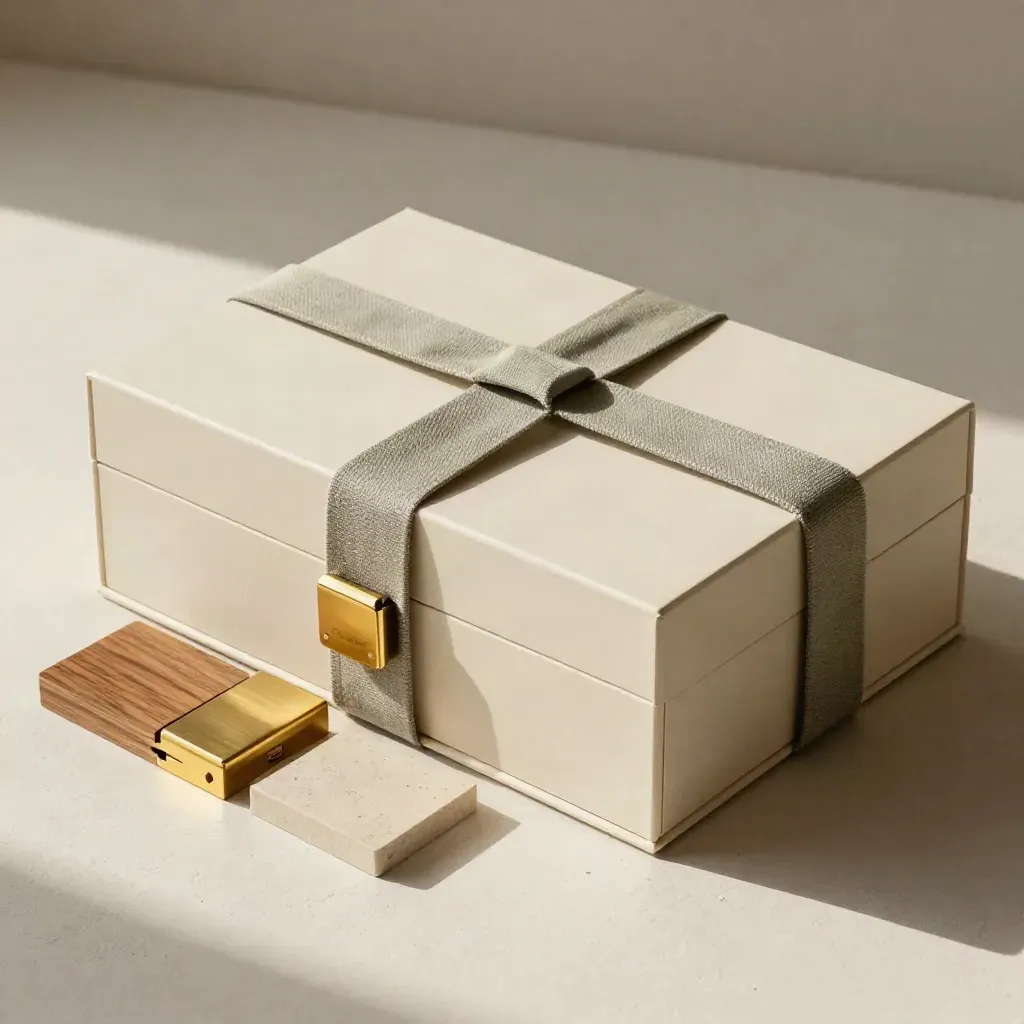 Kit di consegna finale con box chiuso, campioni finiture, hardware e fascia tessuto avvolta.