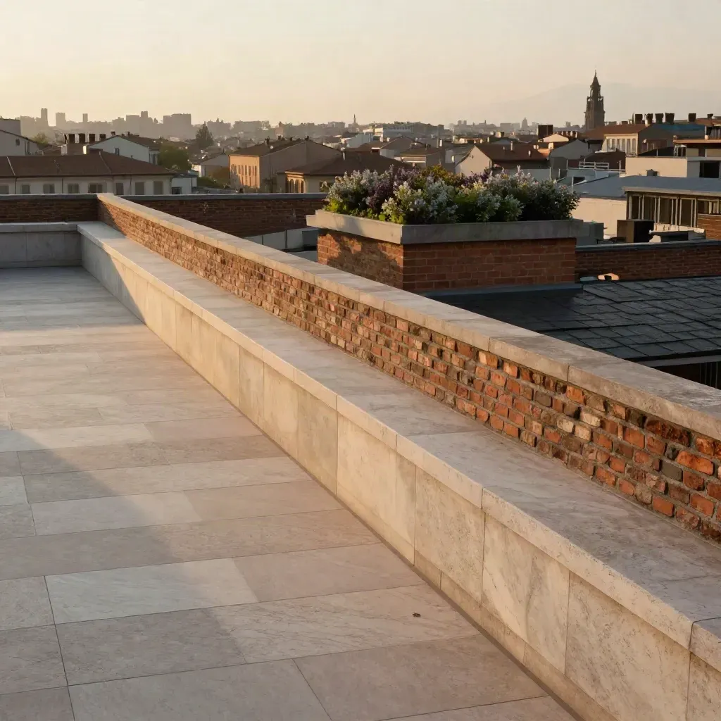 Tetti di Milano al tramonto con cortili in mattone e torri lontane nella foschia.