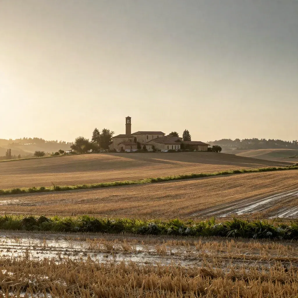 Pianura lombarda est al sole, campi bagnati, campanile lontano e cascine in controluce.