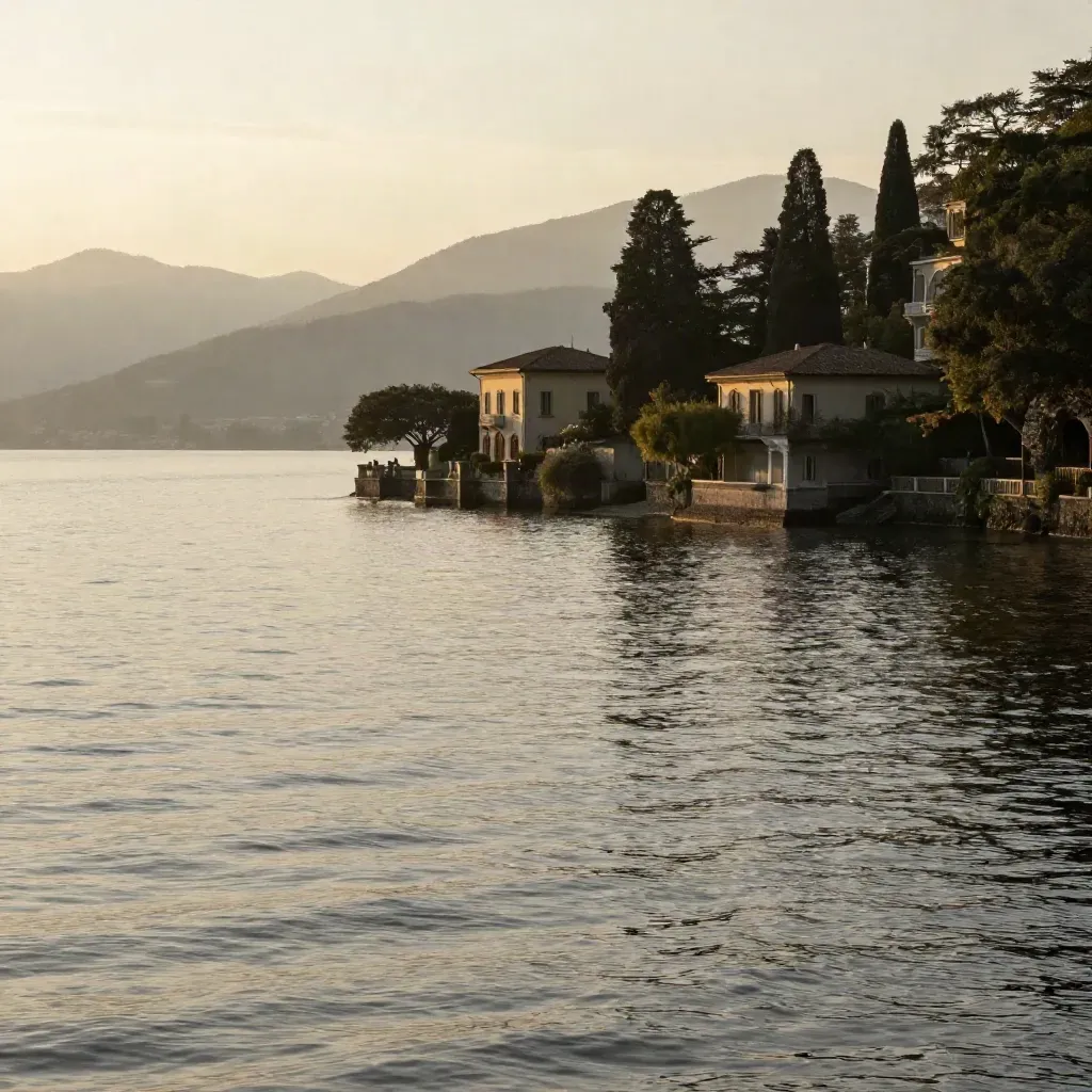 Lago di Varese all’alba con ville lontane e nebbia, spazio calmo per il testo