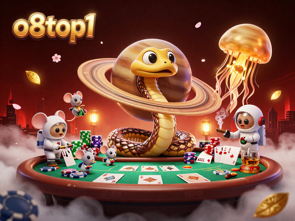 Experience o8top1's unique gaming scene with a cosmic dealer, astronauts betting on vibrant roulette rings.