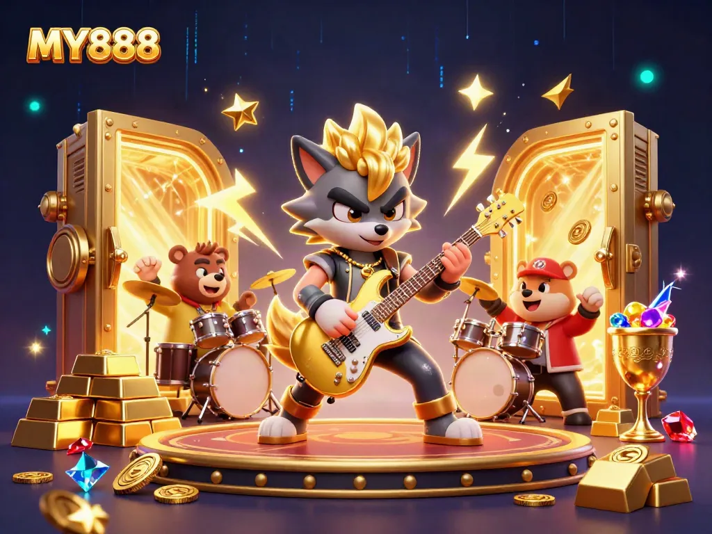 MY888 showcases a dynamic scene with a rock star wolf and drummer bear celebrating big wins at a casino.