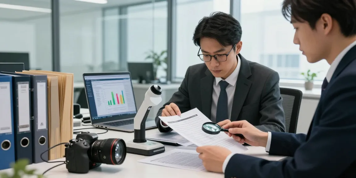 Document fraud detection process in a modern office with an investigator analyzing files and high-tech tools.